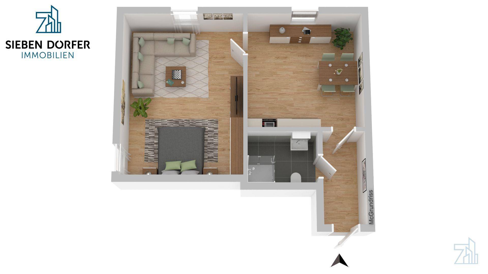 Übersichts-Grundriss der Wohnung mit Schlafzimmer, Wohnbereich, Küche und Bad.