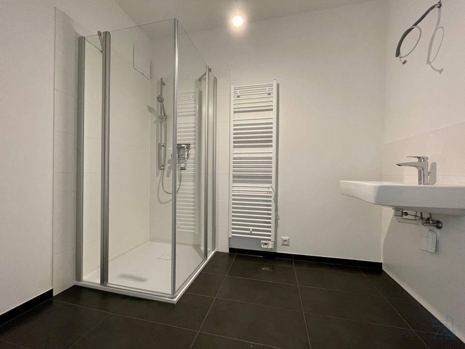 Modernes Badezimmer mit ebenerdiger Dusche, dunklen Fliesen und Handtuchheizkörper.