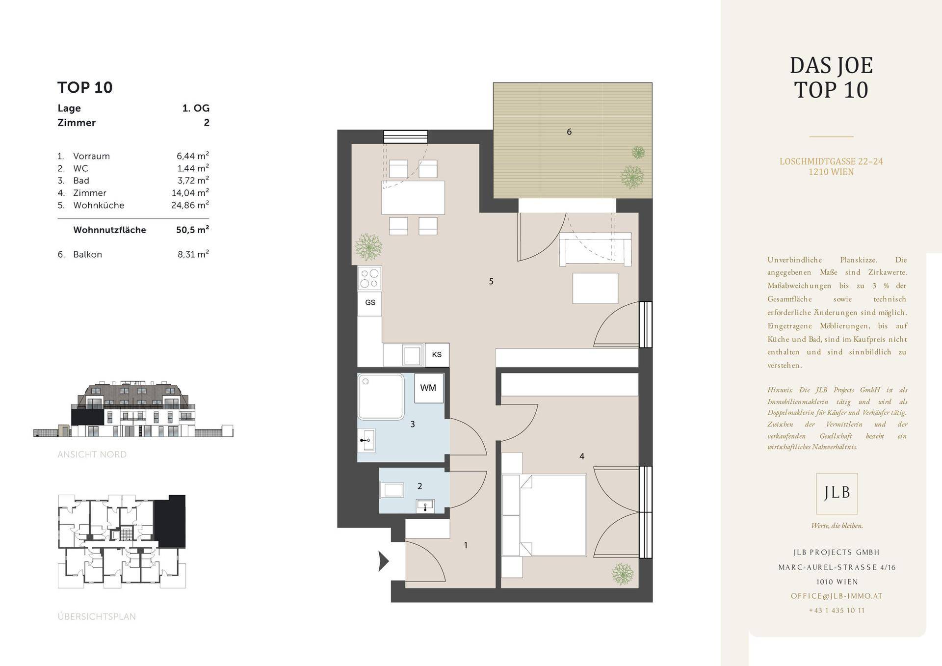 Grundriss einer modernen Wohnung mit offener Wohnküche, Schlafzimmer, Bad, separatem WC und Balkon.