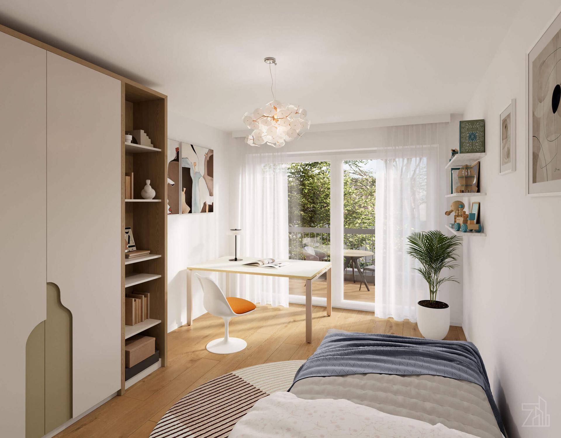 Helles Schlafzimmer mit Zugang zu einem Balkon und modernem Interieur.