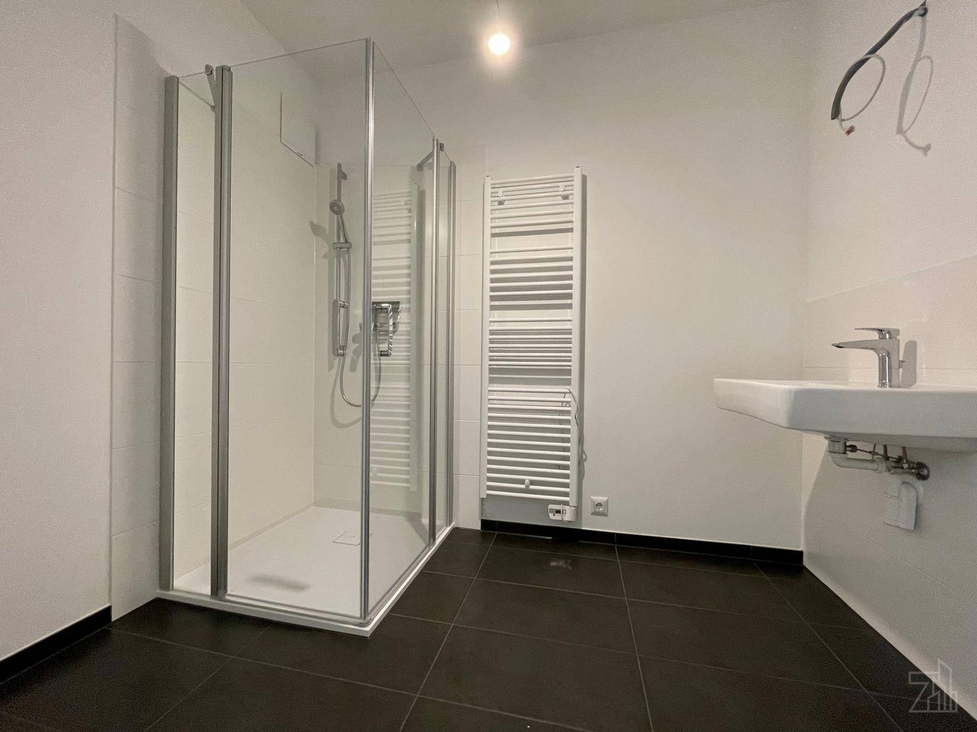 Modernes Badezimmer mit dunklen Fliesen, Duschkabine, Einzelwaschbecken und Handtuchheizkörper.
