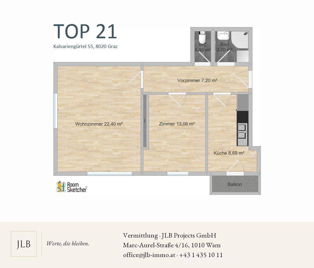 Grundriss einer Wohnung mit Wohnzimmer, Schlafzimmer, Küche, Bad, separatem WC und Balkon.
