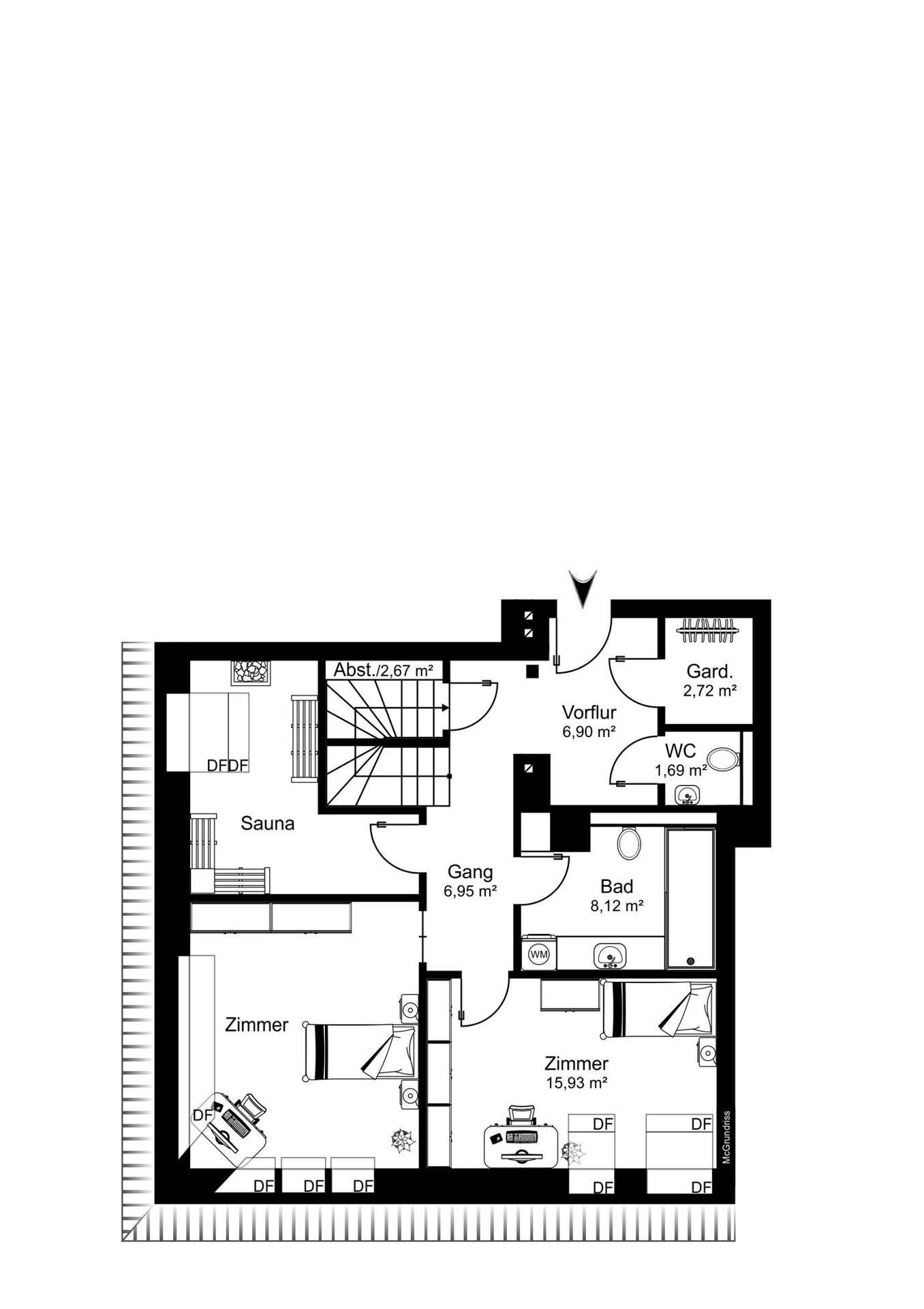 Grundrissplan mit Sauna, zwei Zimmern, Bad und separatem WC auf einer Ebene.