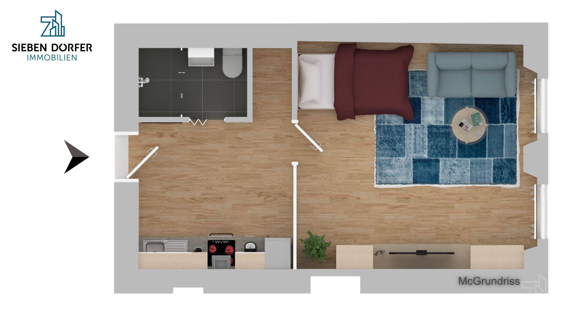 Grundriss einer kompakten Wohnung mit Schlafzimmer, Wohnbereich und Bad.