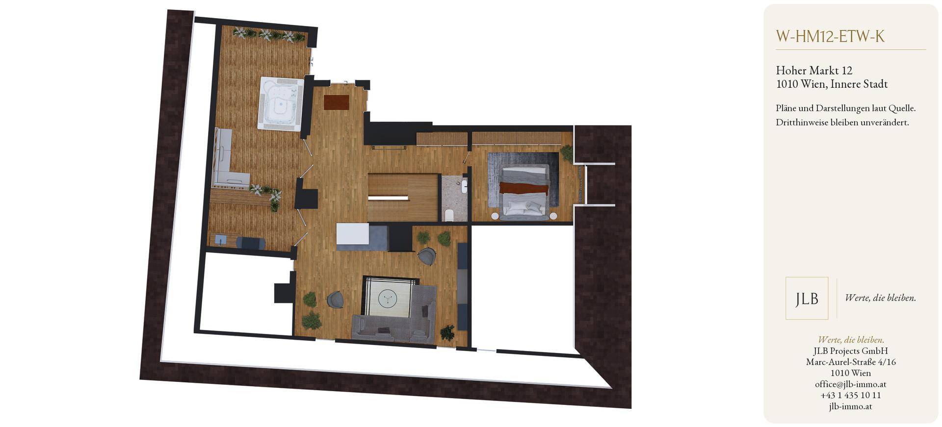 Detaillierter Grundriss einer Wohnung mit offener Wohnküche, mehreren Schlafzimmern, Bädern und einer großen Terrasse mit Whirlpool.