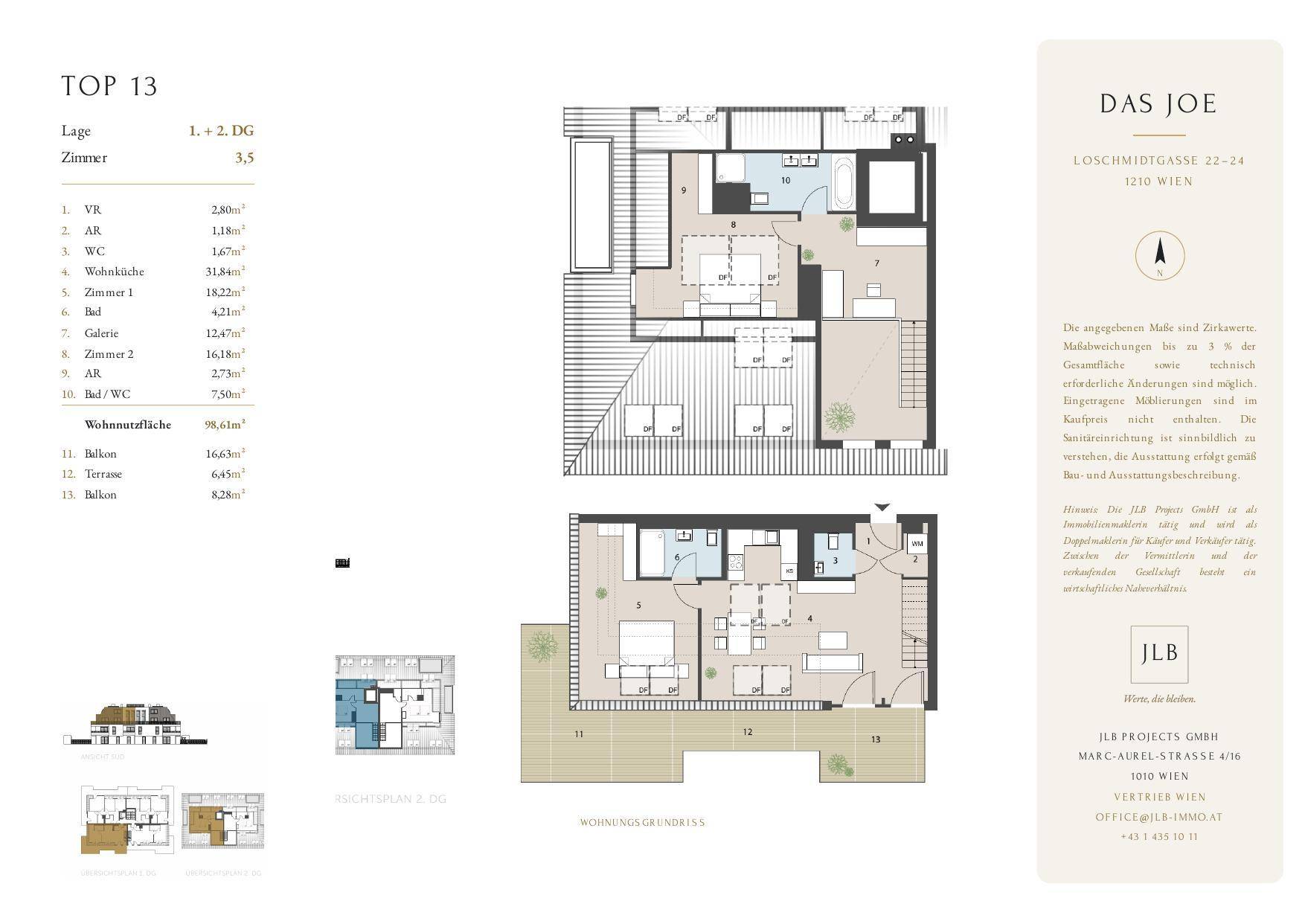 Detaillierter Grundriss der Wohnung Top 13 mit Zimmeraufteilung, Balkon und Terrasse.