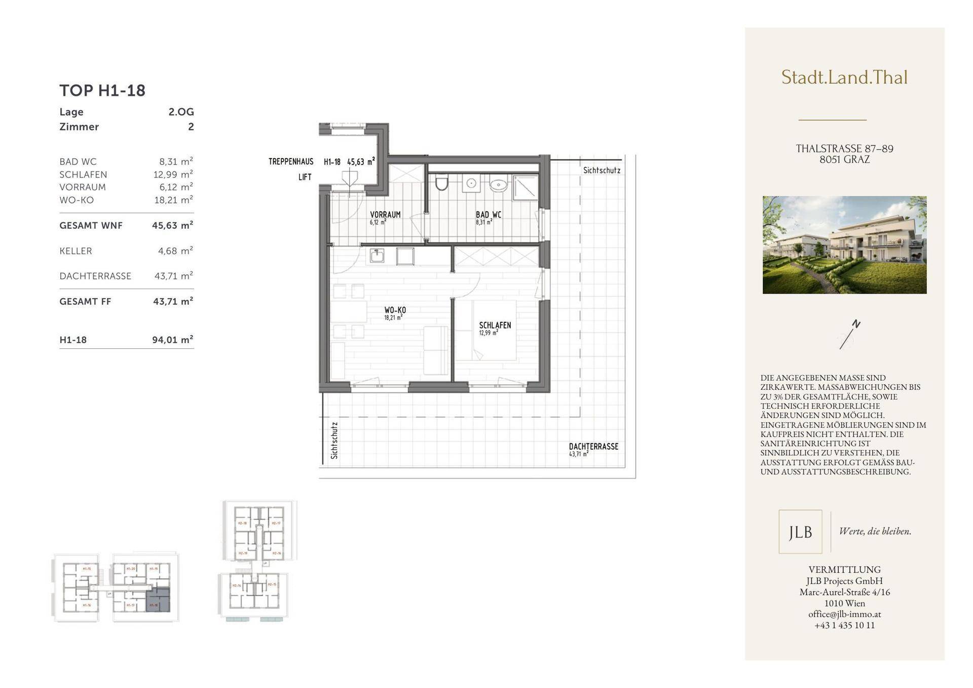 Grundriss der Wohnung TOP H1-18 mit offenem Wohn-Kochbereich, Schlafzimmer, Bad und großer Dachterrasse.