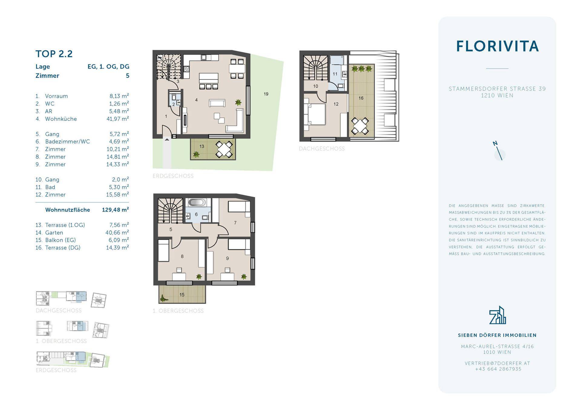 Detaillierter Grundriss für die Einheit TOP 2.2 über drei Etagen mit einer Wohnnutzfläche von 129,48 m².