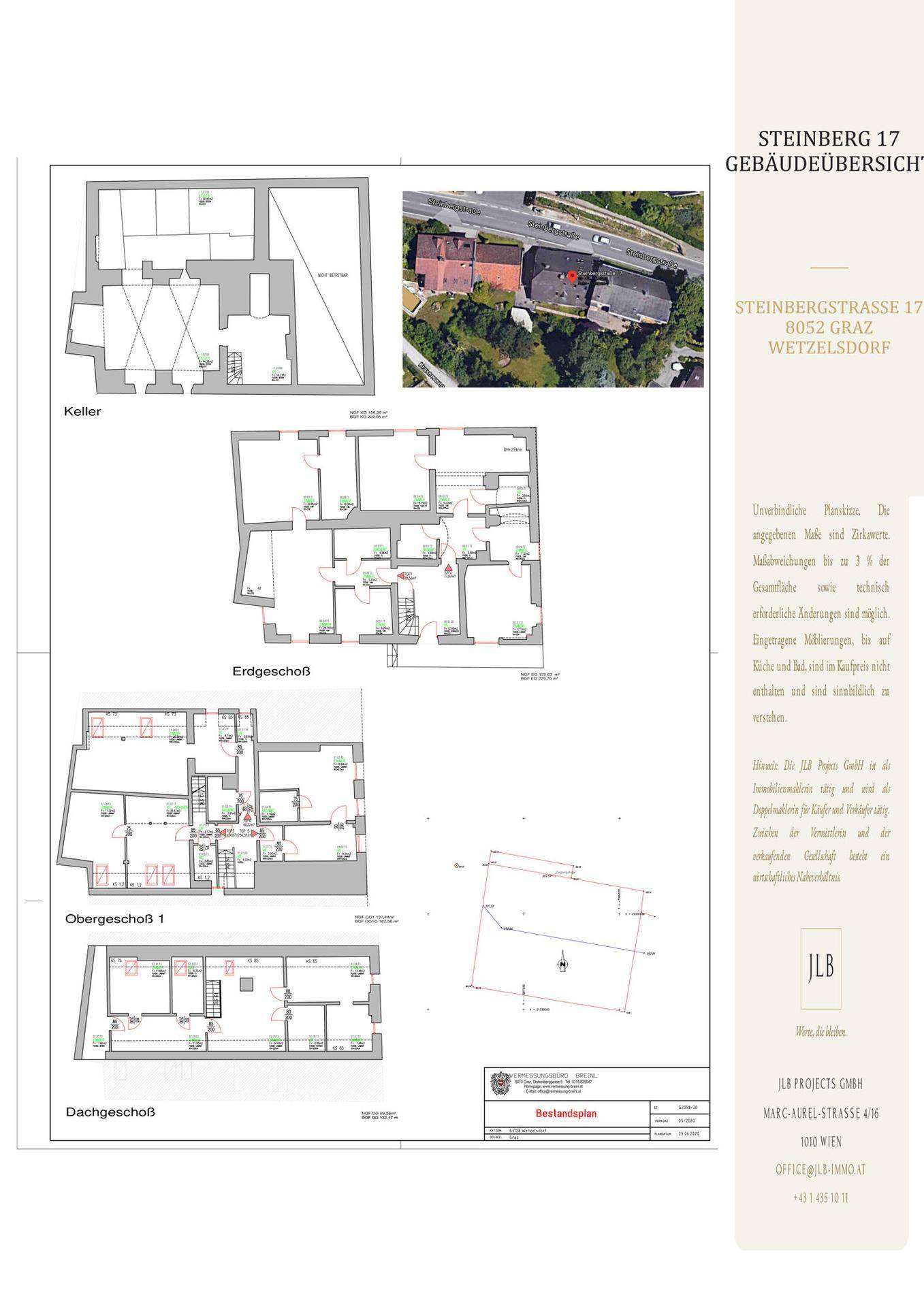 Übersicht der Grundrisse für Keller, Erdgeschoss, Obergeschoss und Dachgeschoss mit Luftbild des Gebäudes.
