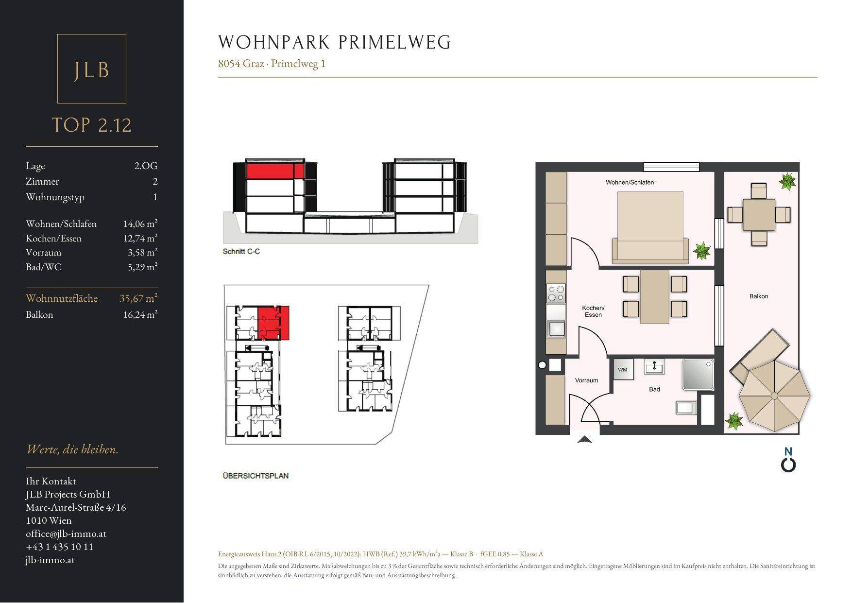 Grundrissplan einer Wohnung mit offenem Wohn-/Schlafbereich, separater Küche, Bad, WC und großem Balkon.