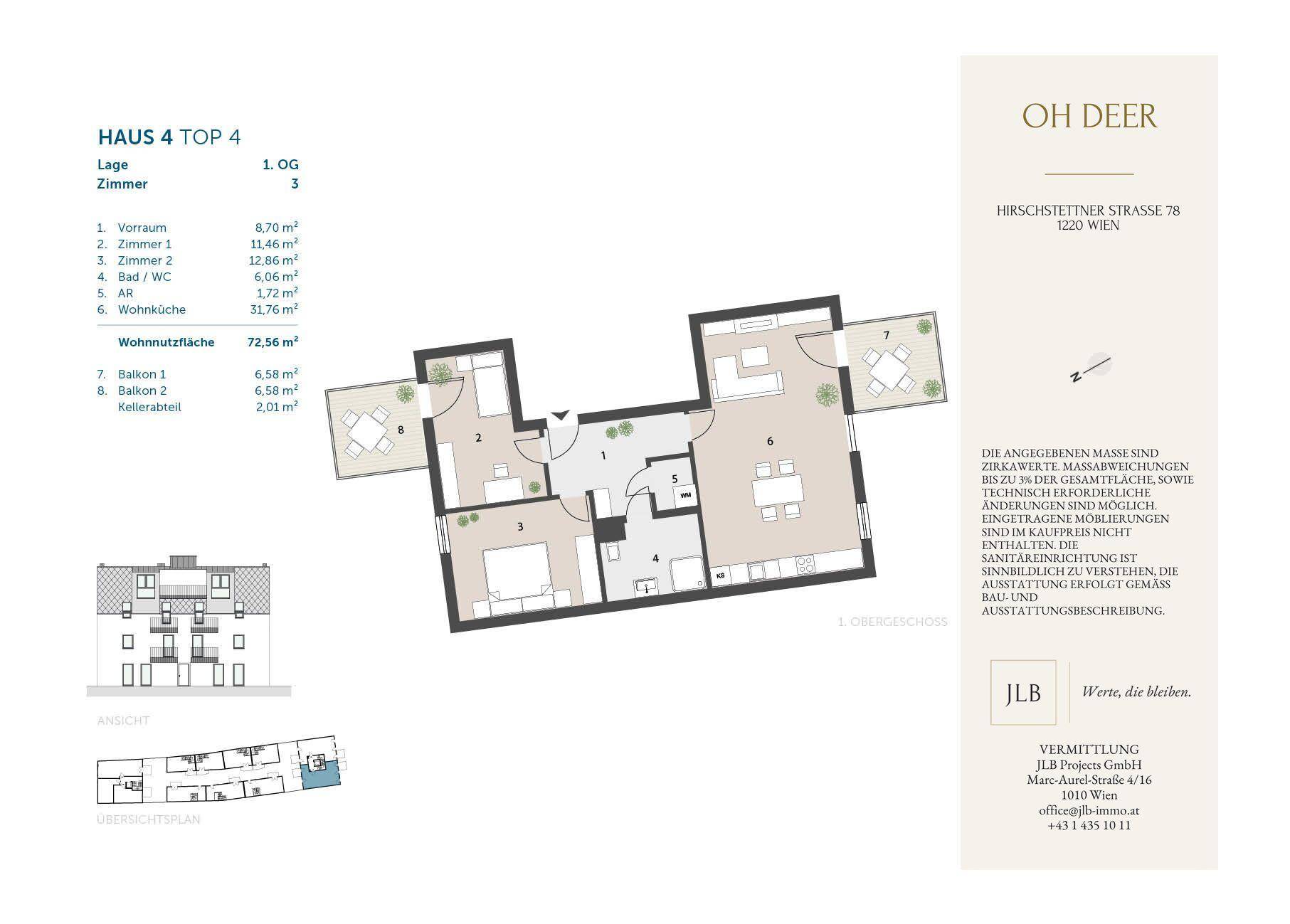 Grundriss einer modernen 3-Zimmer-Wohnung mit offener Wohnküche und zwei Balkonen im ersten Obergeschoss.