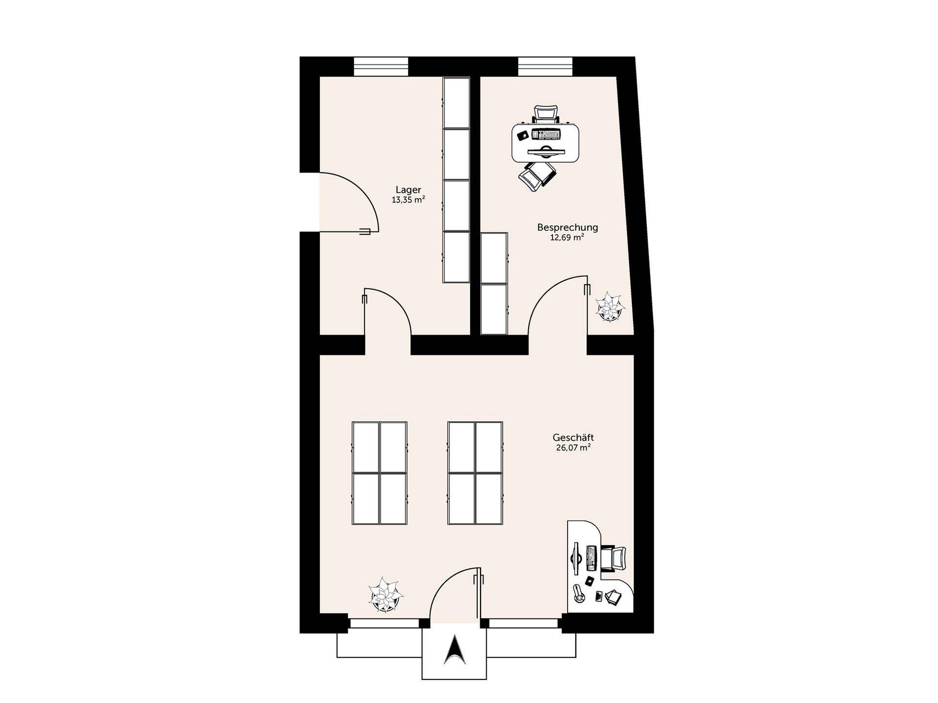 Grundriss des Geschäftsbereichs mit Lager und Besprechungsraum.