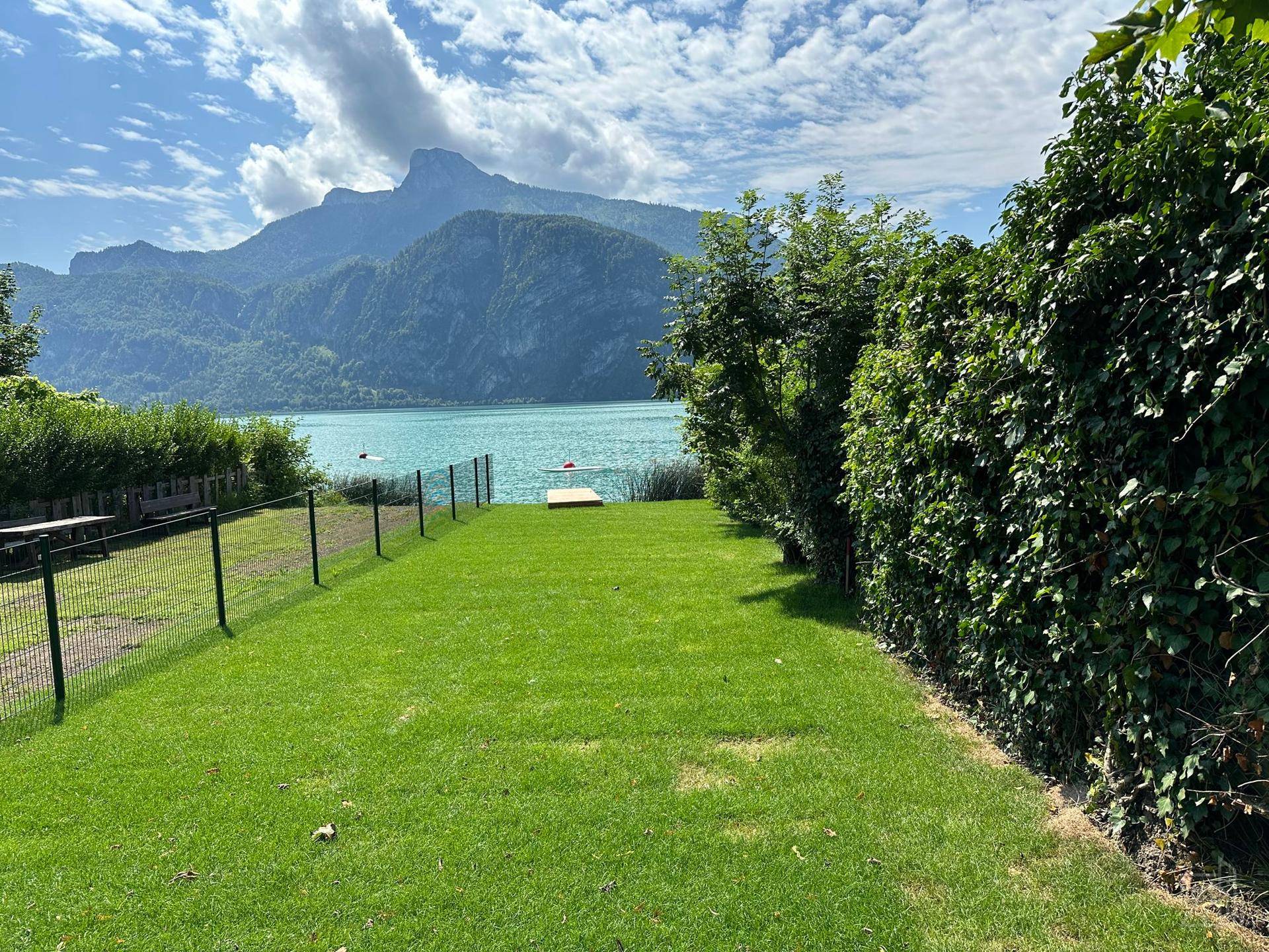 Grüner Gartenbereich mit direktem Zugang zum See und umgeben von üppiger Vegetation.