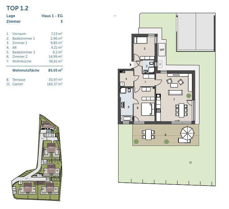 Grundriss des Erdgeschosses mit Terrasse, Garten und offenem Wohn-Essbereich.