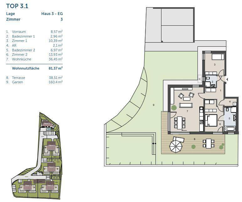 Detaillierter Grundriss einer Wohnung mit Terrasse und Garten, inklusive Raumgrößenangaben.