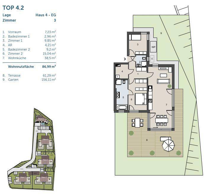 Detaillierter Grundriss für eine Erdgeschosswohnung mit Terrasse und Gartenanteil.