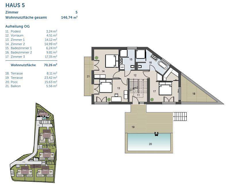 Grundriss des Obergeschosses von Haus 5 mit Balkon, Terrasse und privatem Pool.