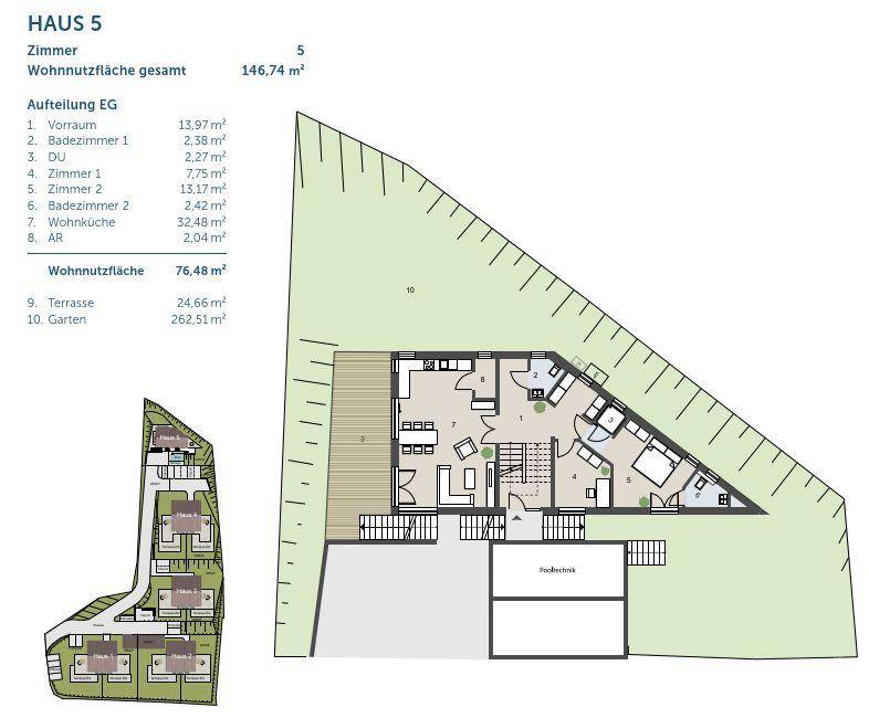 Grundriss des Erdgeschosses von Haus 5 mit Terrasse und Gartenbereich.