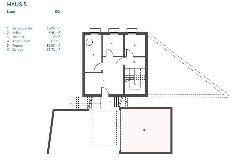 Grundriss des Kellergeschosses von Haus 5 mit Garage, Keller und Abstellraum.
