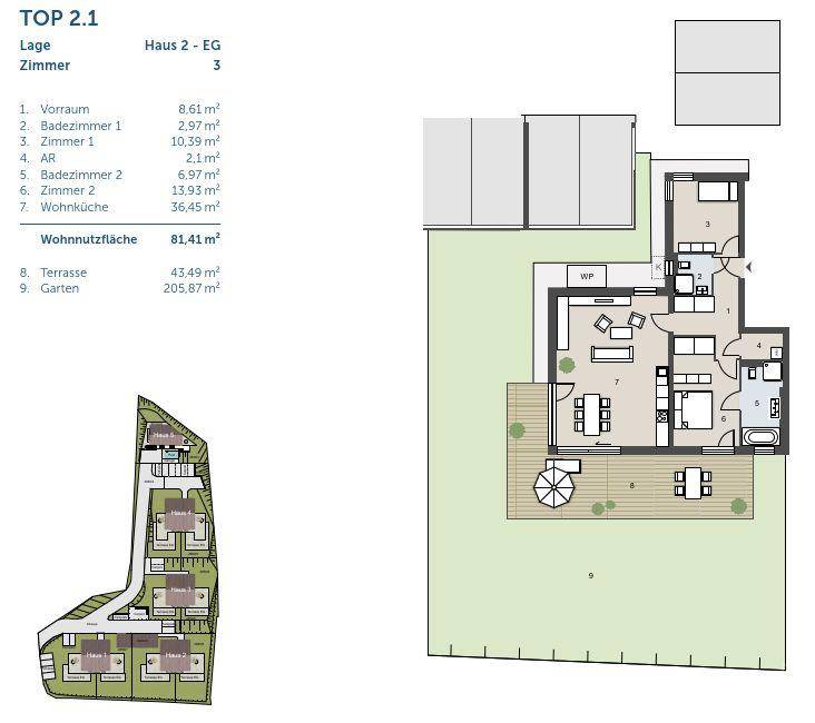 Detaillierter Grundriss für Top 2.1 mit Wohnnutzfläche und Gartenanteil.