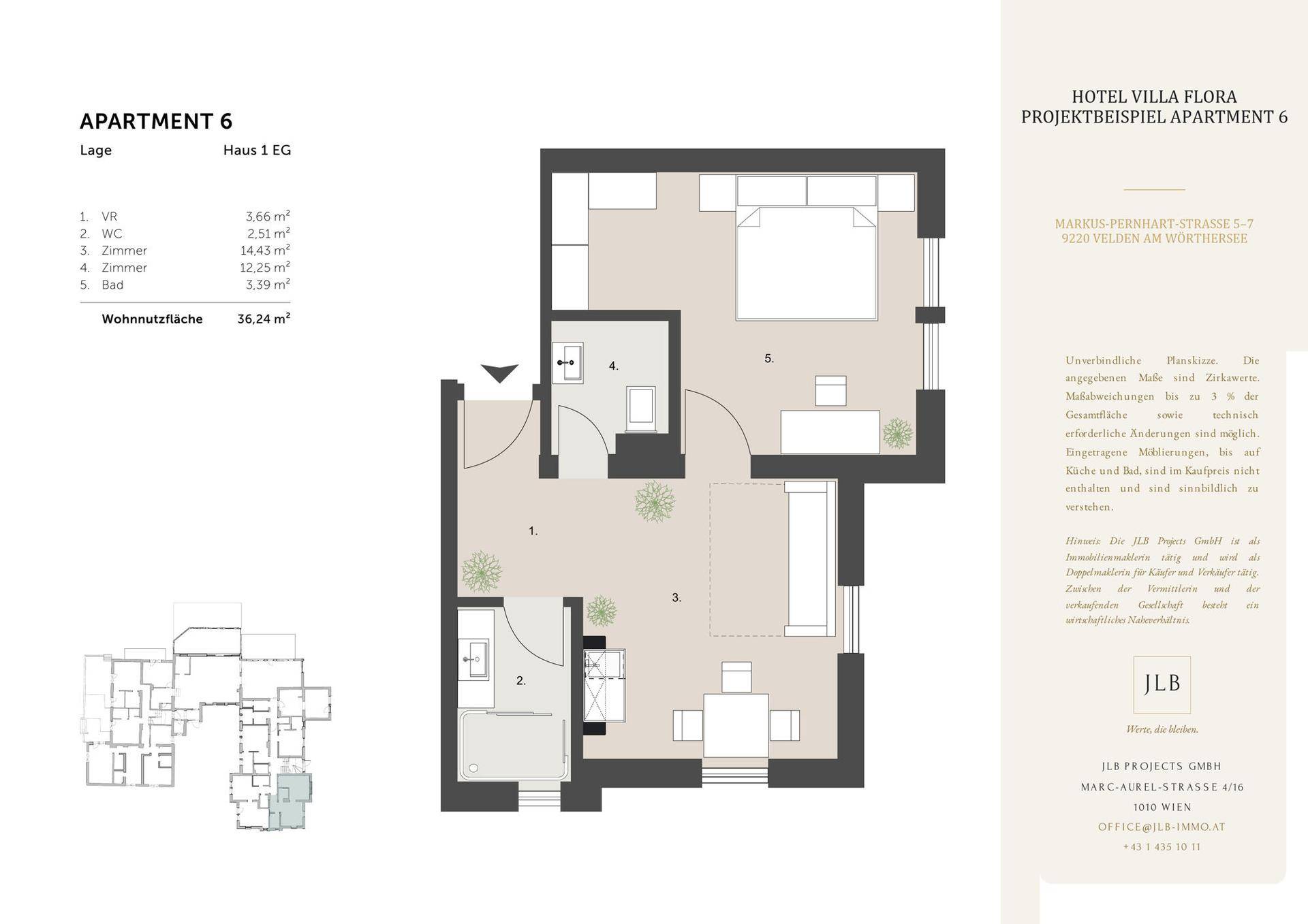 Grundriss der Wohnung 6 im Erdgeschoss mit Schlafzimmer, Bad und Wohnbereich.