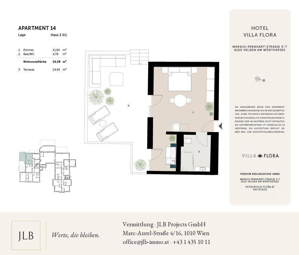 Grundriss für Apartment 14 im Erdgeschoss mit Wohnfläche und Terrasse.