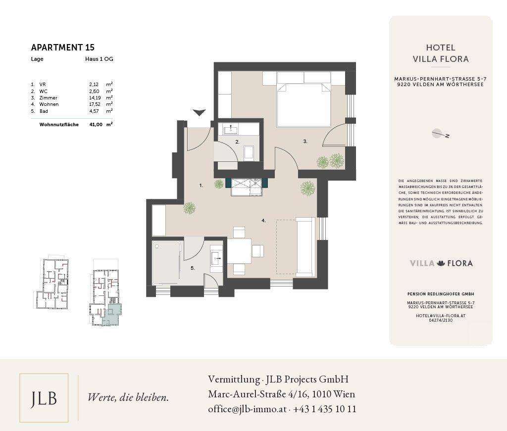 Grundriss der Wohnung 15 mit einem Schlafzimmer und offenem Wohnbereich.