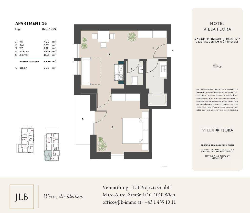 Grundriss der Wohnung 16 im ersten Obergeschoss mit Balkon und klarer Raumaufteilung.