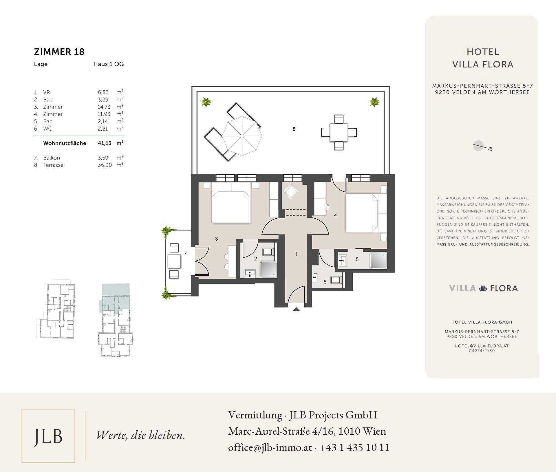 Grundriss von Zimmer 18 im ersten Obergeschoss mit Balkon und großer Terrasse.