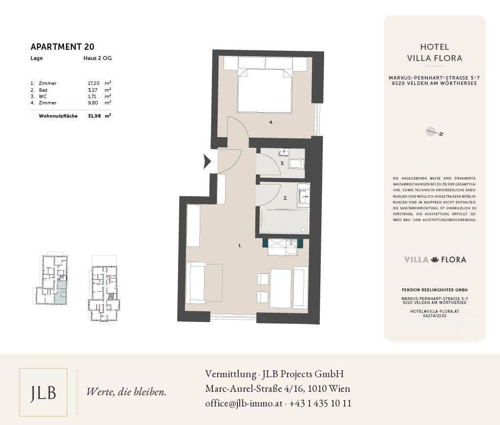 Grundriss der Wohnung 20 im 2. Obergeschoss mit Schlafzimmer, Bad und separatem WC.
