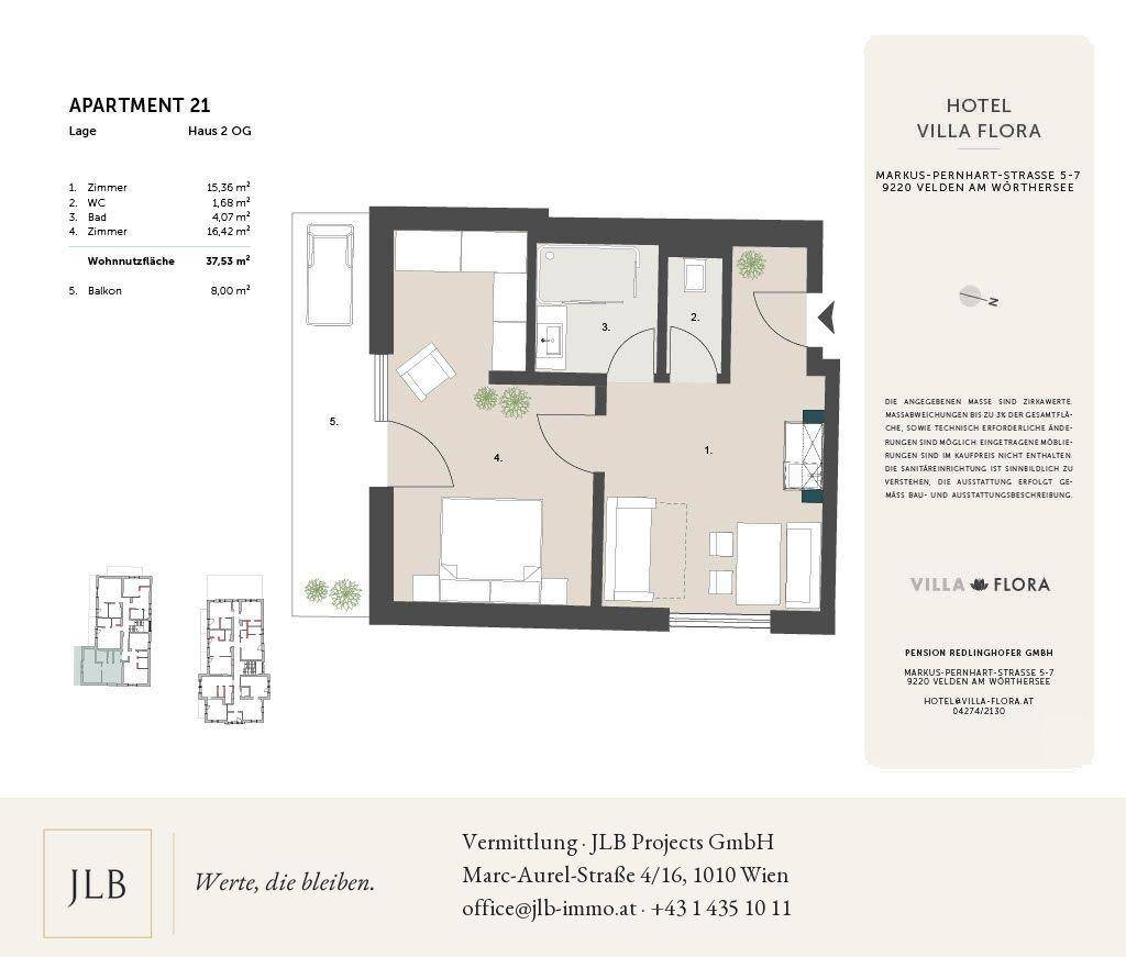 Grundriss der Wohnung 21 im 2. Obergeschoss mit Balkon und Raumaufteilung.