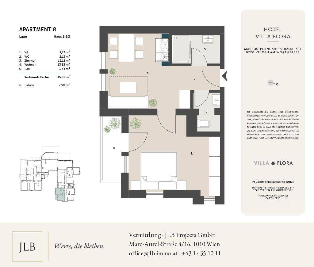 Grundriss einer Wohnung mit zwei Schlafzimmern, offenem Wohnbereich und Balkonzugang.