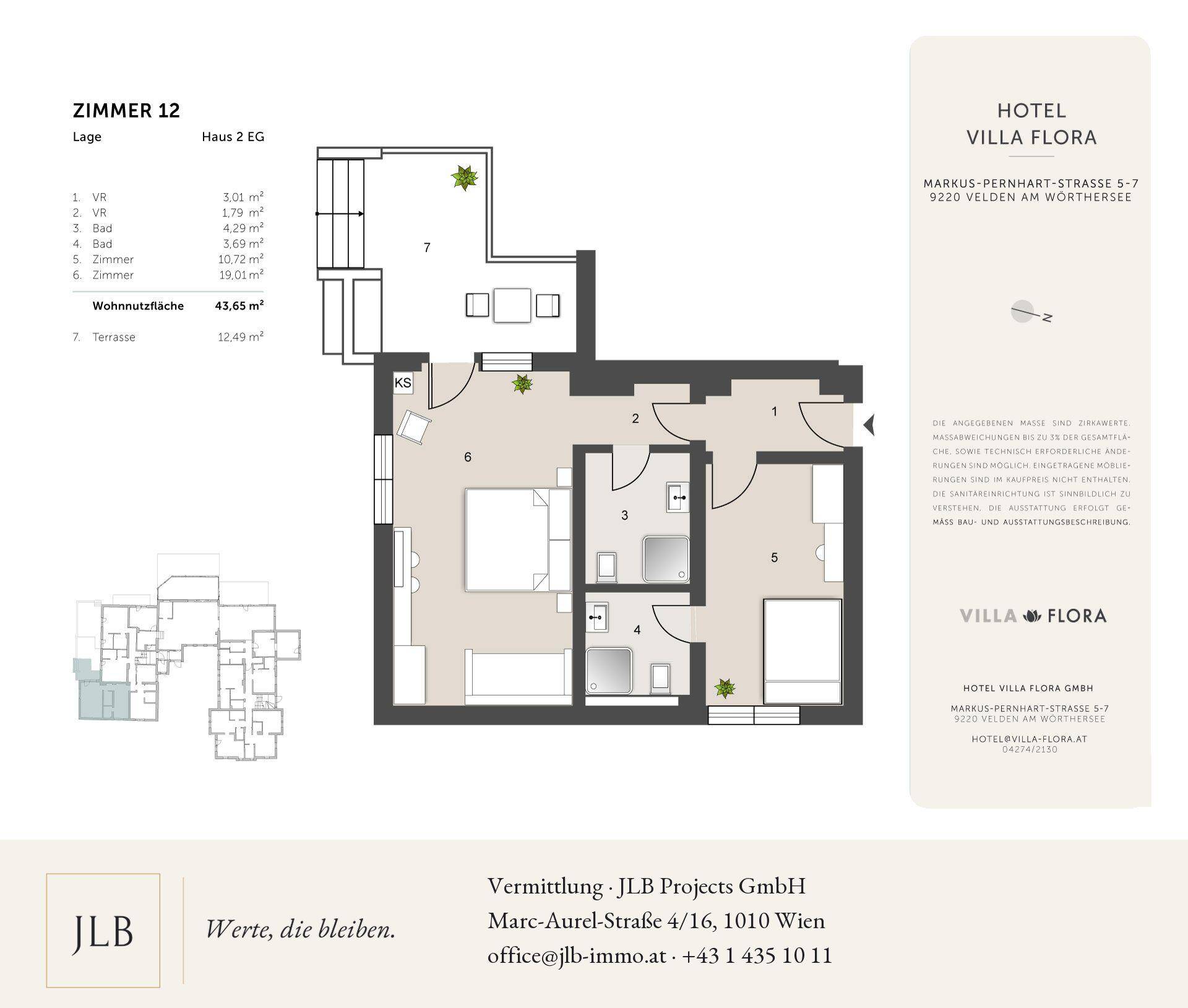Grundriss von Zimmer 12 im Haus 2 EG mit Wohnfläche und Terrasse.