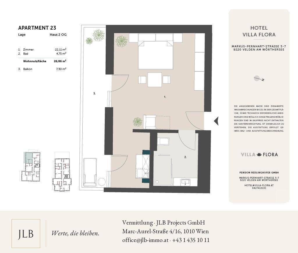 Grundriss der Wohnung 23 mit Schlafzimmer, Bad und Balkon, übersichtlich dargestellt.