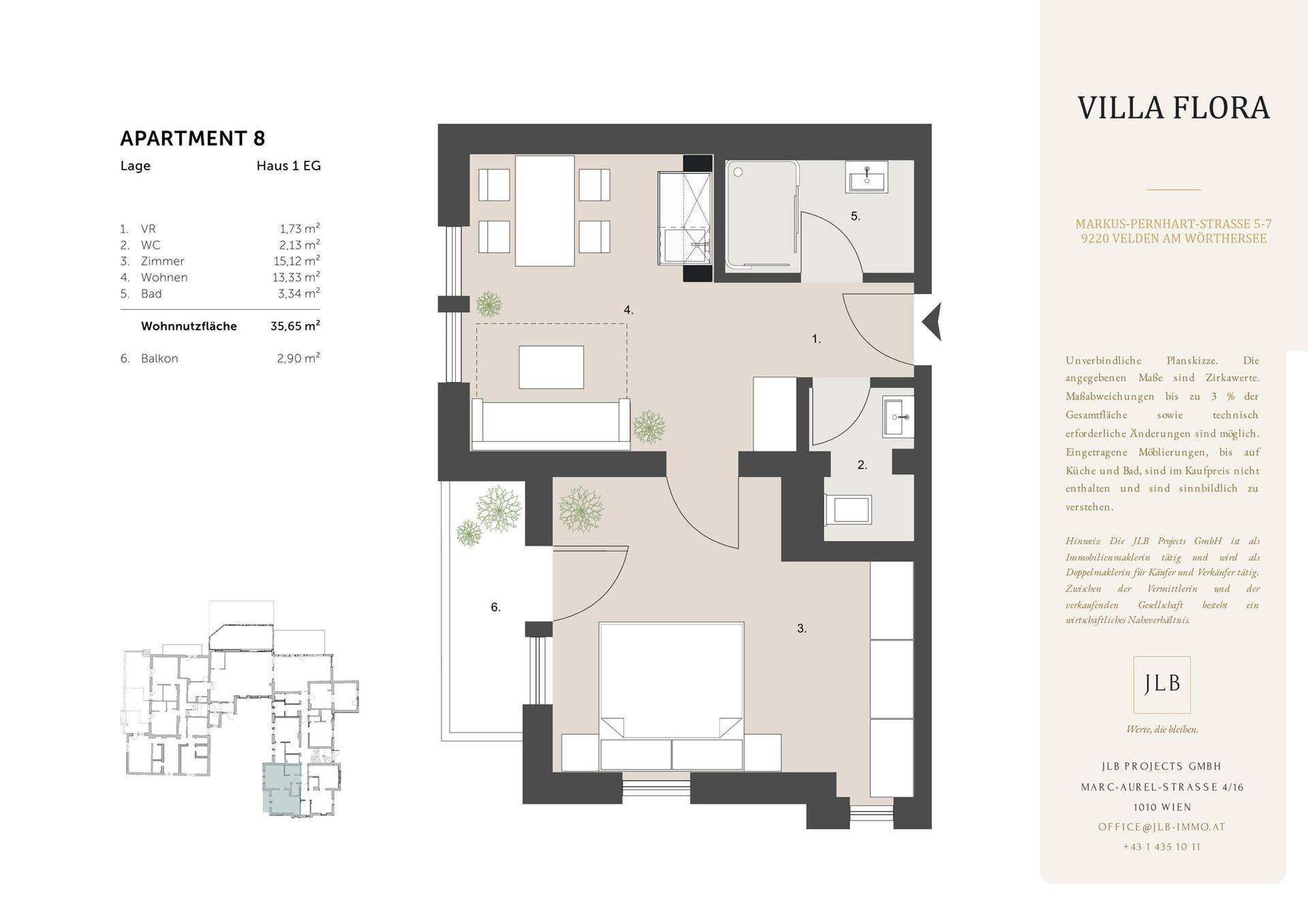 Detaillierter Grundriss einer Wohnung mit Schlafzimmer, Wohnbereich, Bad und Balkon.