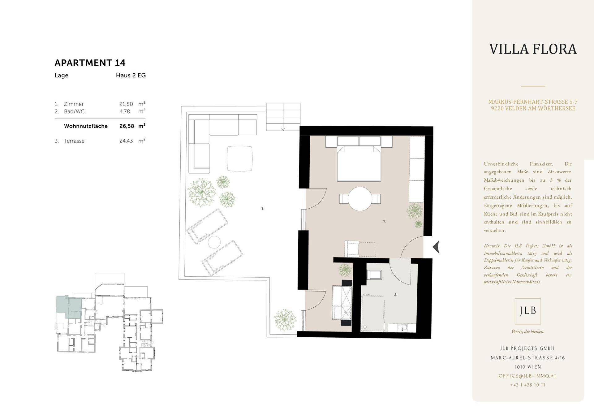 Detaillierter Grundriss für Apartment 14 mit Wohnbereich, Schlafzimmer und Terrasse.