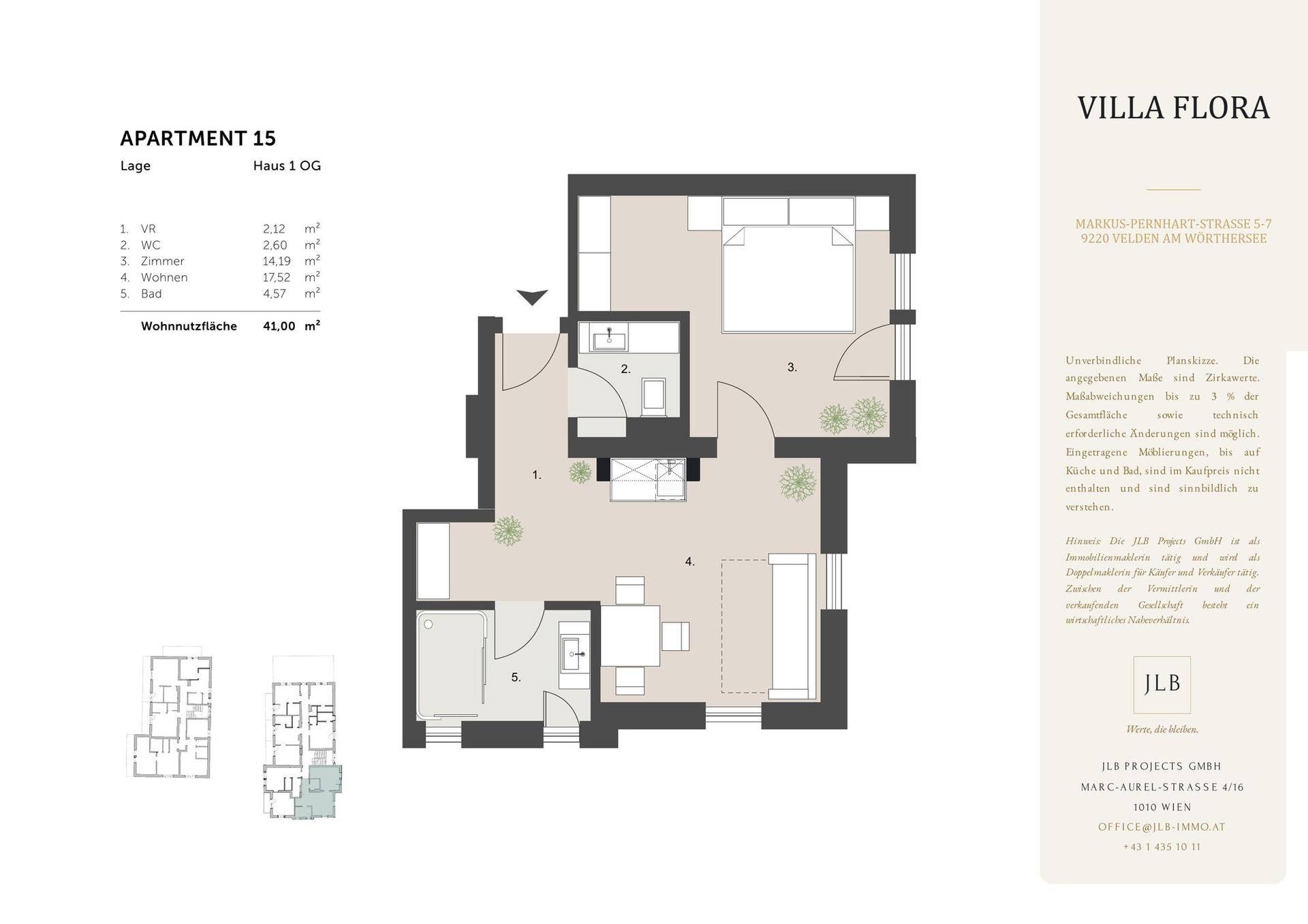 Detaillierter Grundriss der Wohnung 15 mit klarer Raumaufteilung und Balkon.