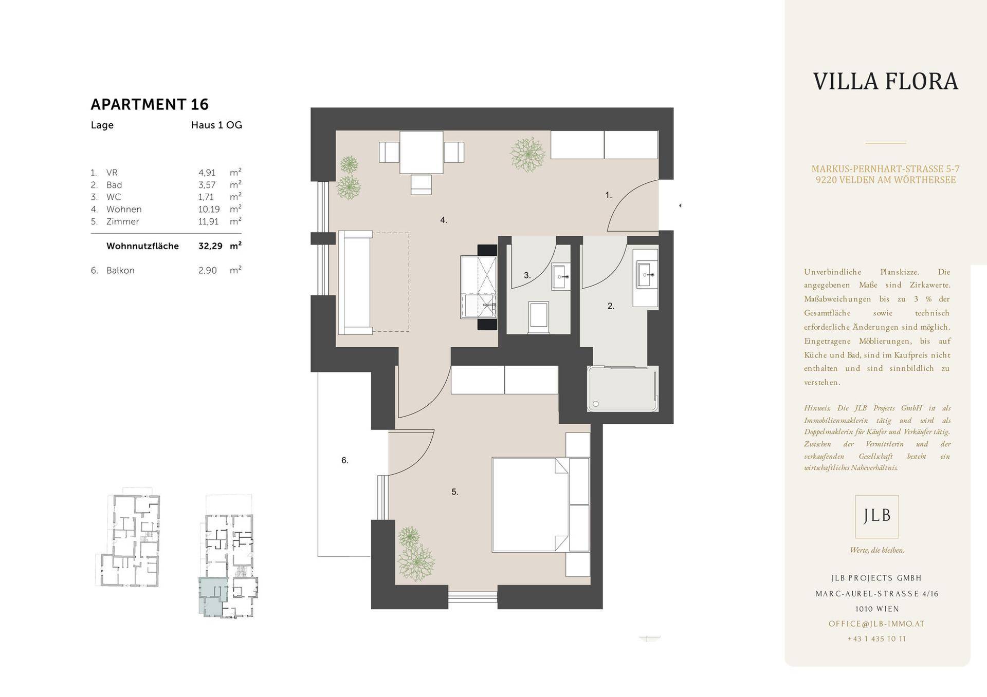 Detaillierter Grundriss der Wohnung 16 im ersten Obergeschoss mit Balkon und funktionaler Raumgestaltung.