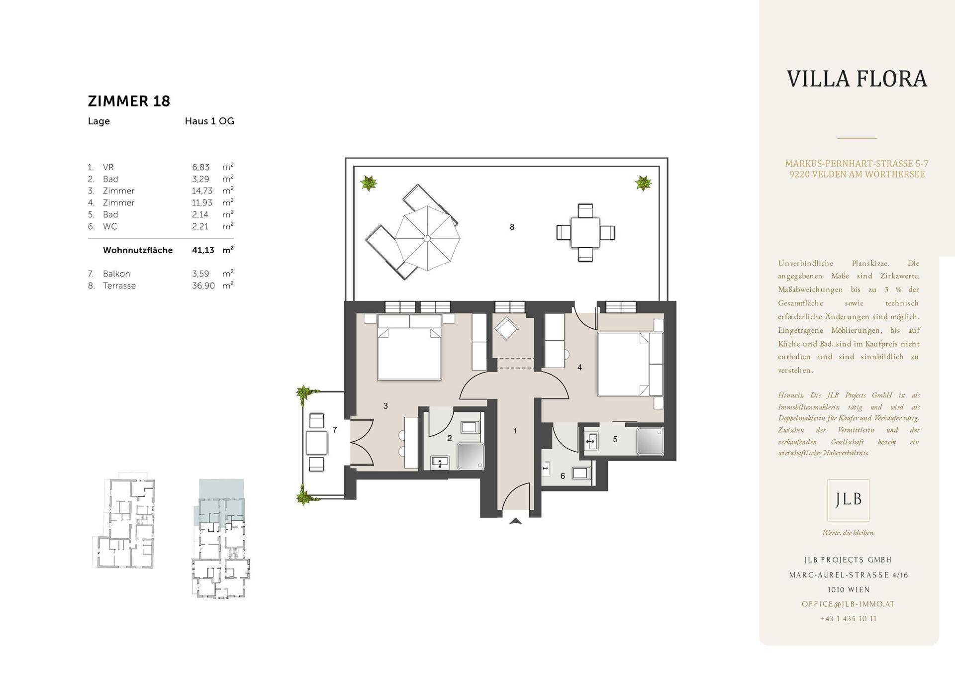 Detaillierter Grundriss von Zimmer 18 mit Wohnfläche, Balkon und großer Terrasse.