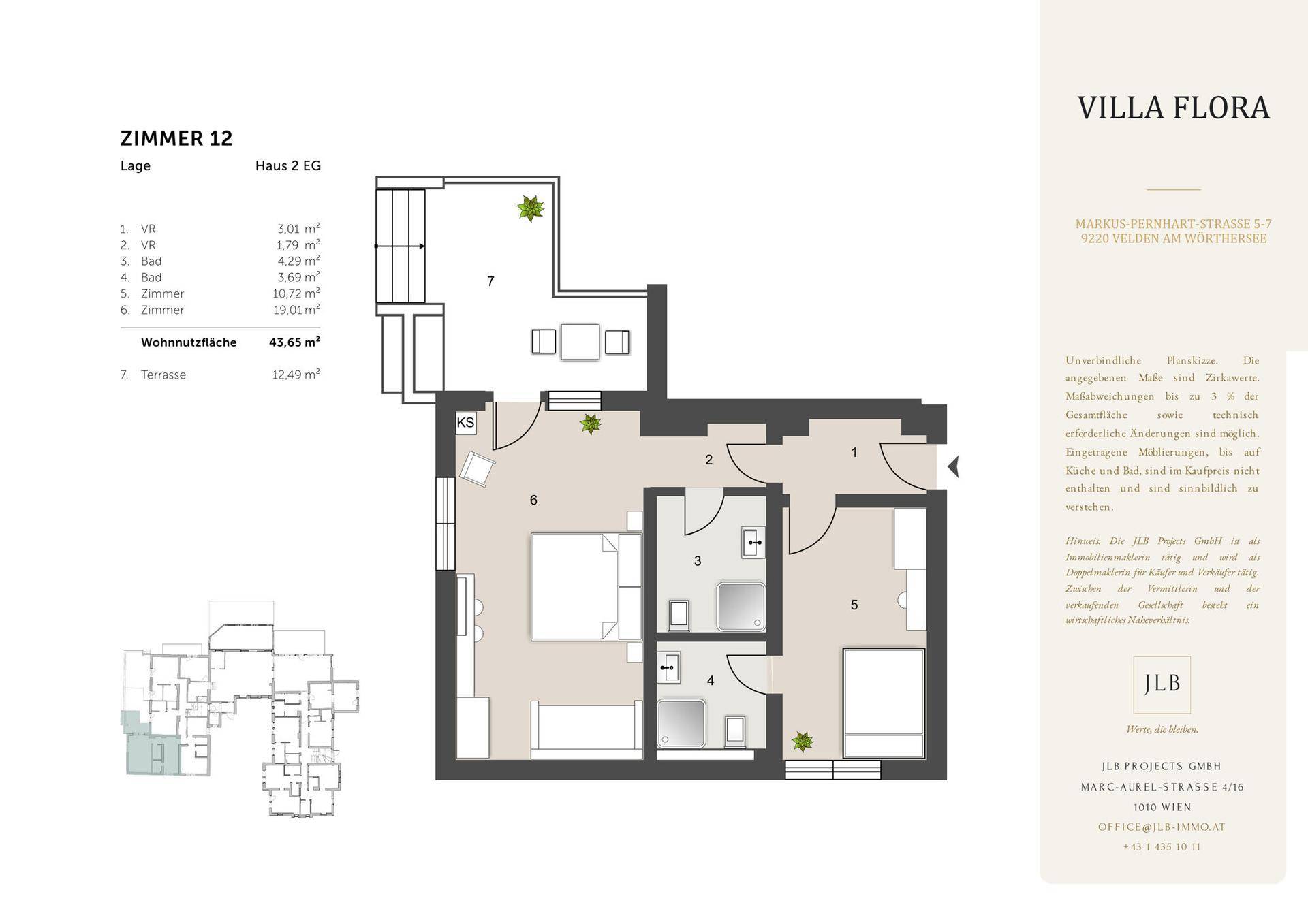 Detaillierter Grundriss von Zimmer 12 im Haus 2 EG mit Wohnfläche und Terrasse.