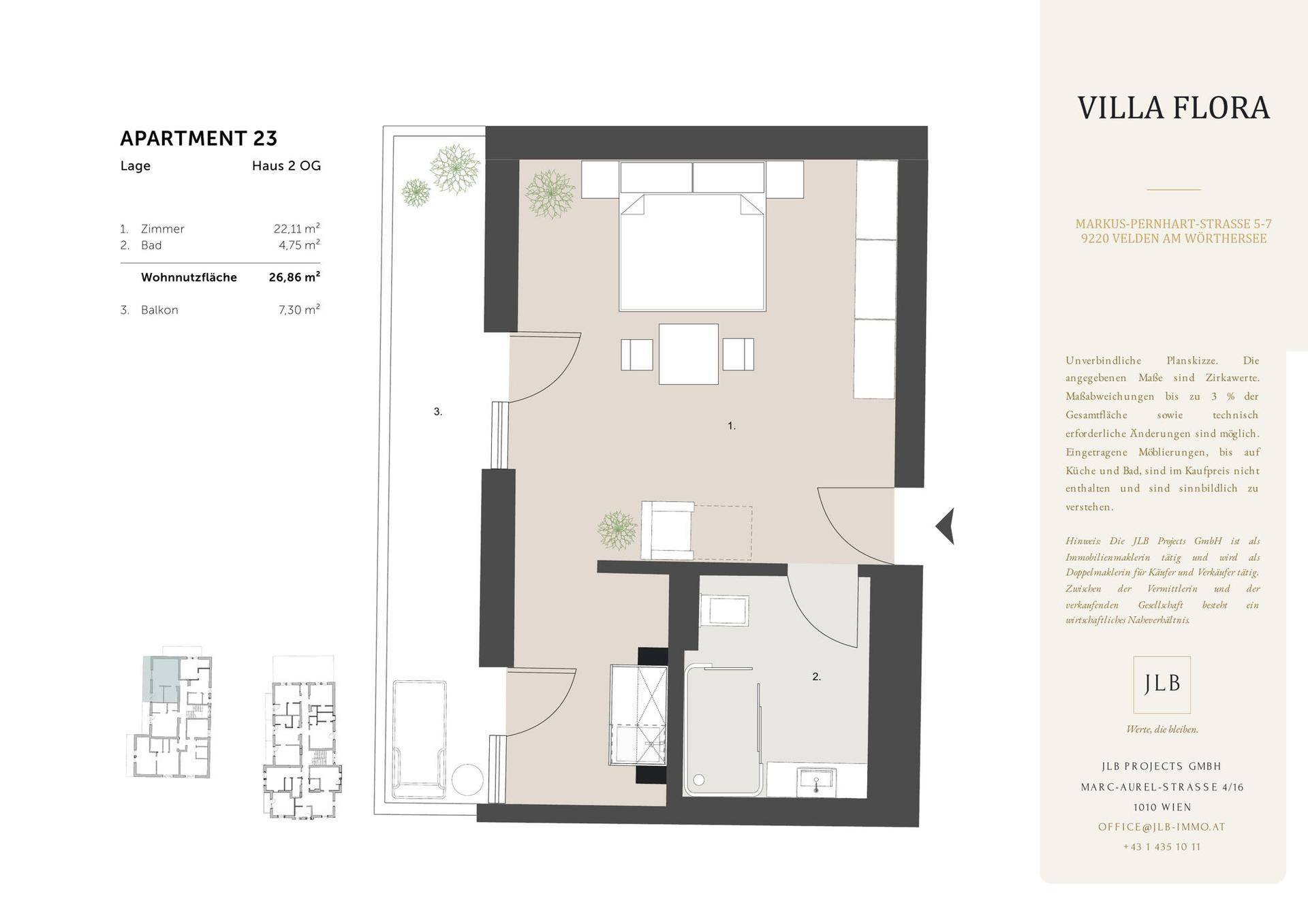 Detaillierter Grundriss der Wohnung 23 mit Schlafzimmer, Bad und Zugang zum Balkon.