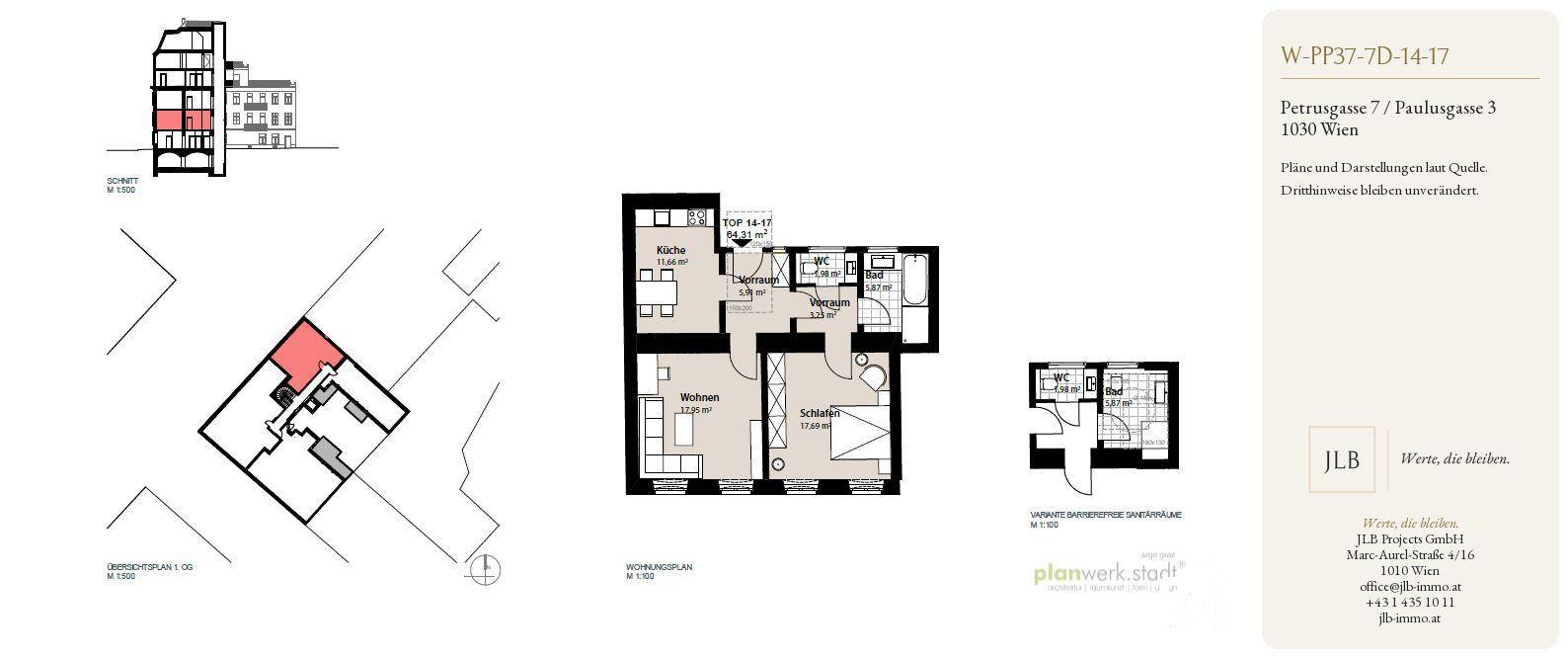 Grundrissplan mit verschiedenen Wohnungsgrößen und Lage im Gebäude.