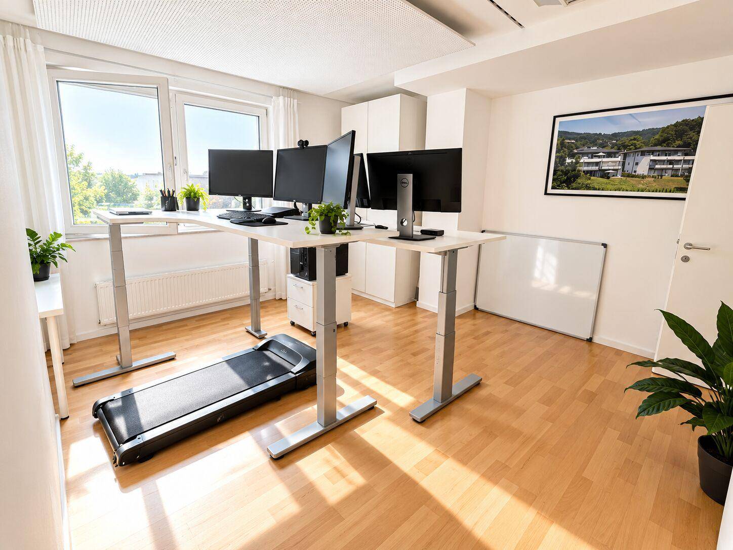 Helles Büro mit zwei Arbeitsplätzen, Laufband und Blick ins Grüne durch die Fenster.