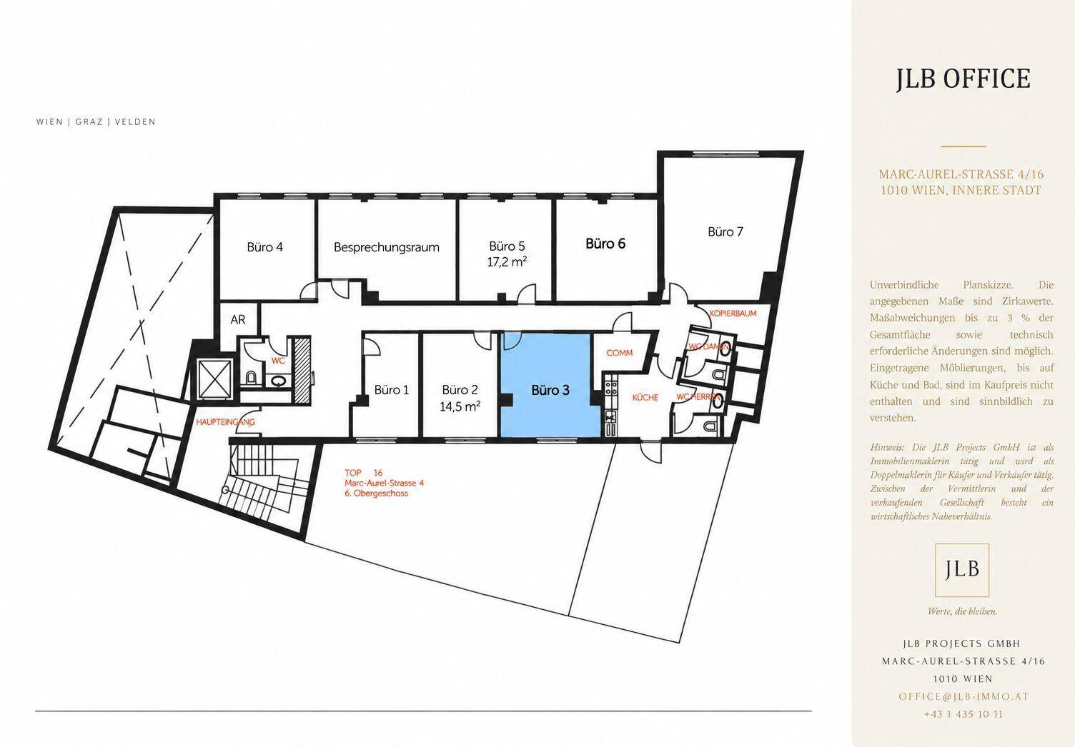 Grundriss eines Büros mit mehreren Räumen, Besprechungszimmer und Sanitäranlagen.