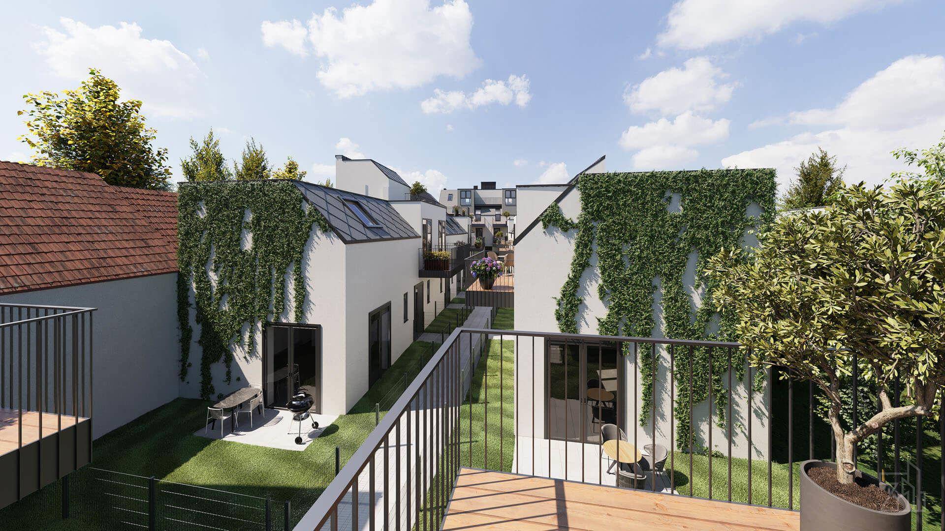 Begrünte Gartenbereiche und Balkone zwischen modernen Wohneinheiten mit Kletterpflanzen an den Fassaden.
