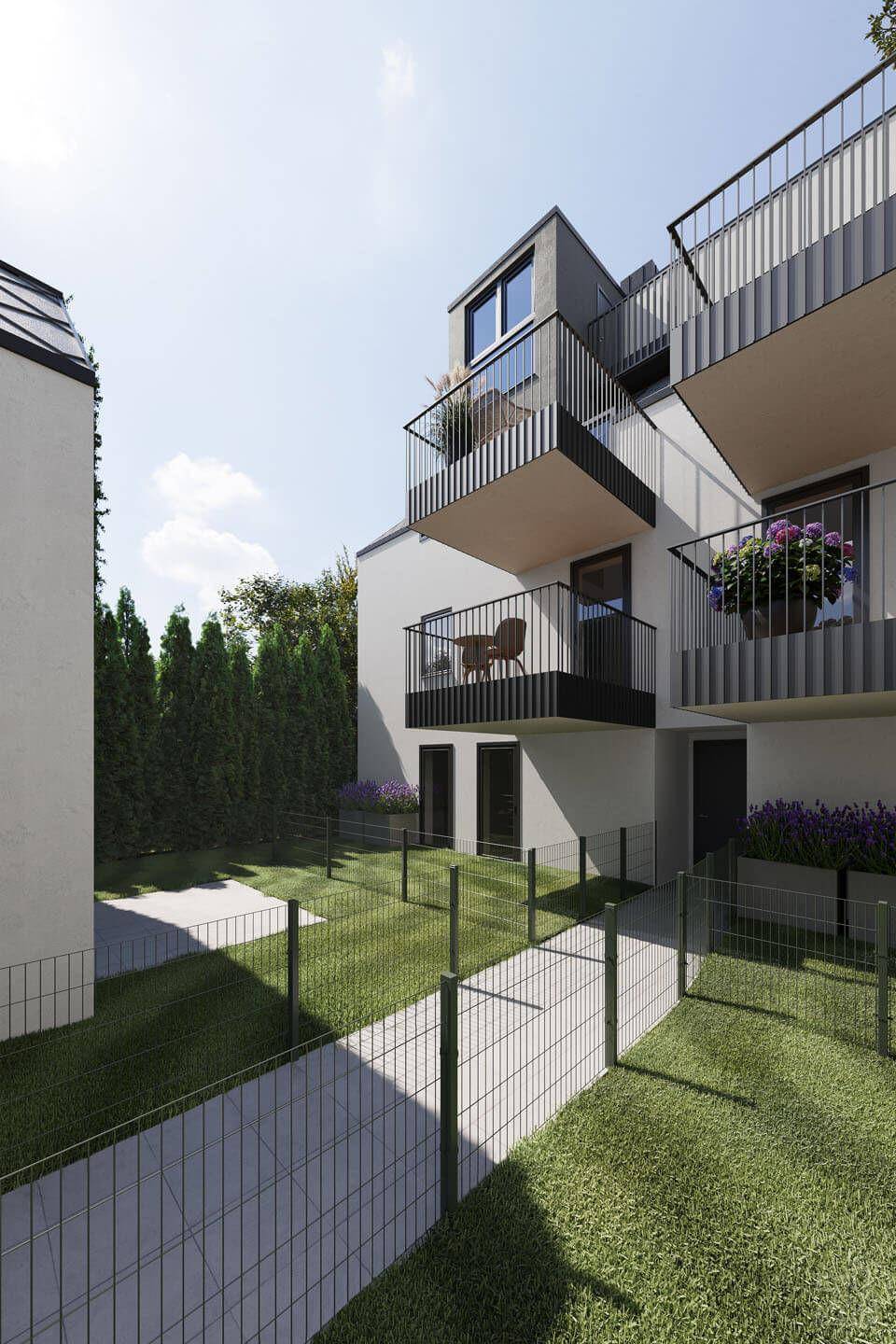Kleine private Gartenparzellen mit Rasenflächen und Balkonen an einem modernen Wohngebäude.