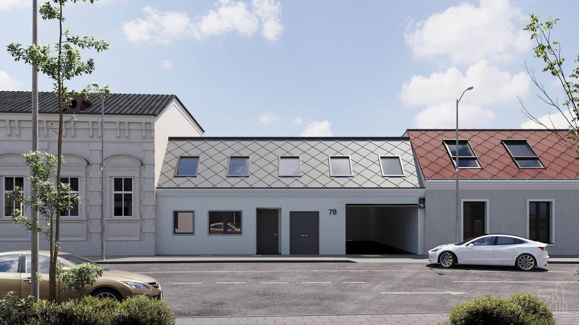 Moderne Gebäudefassade an einer Straße mit Dachfenstern und integrierter Garage.