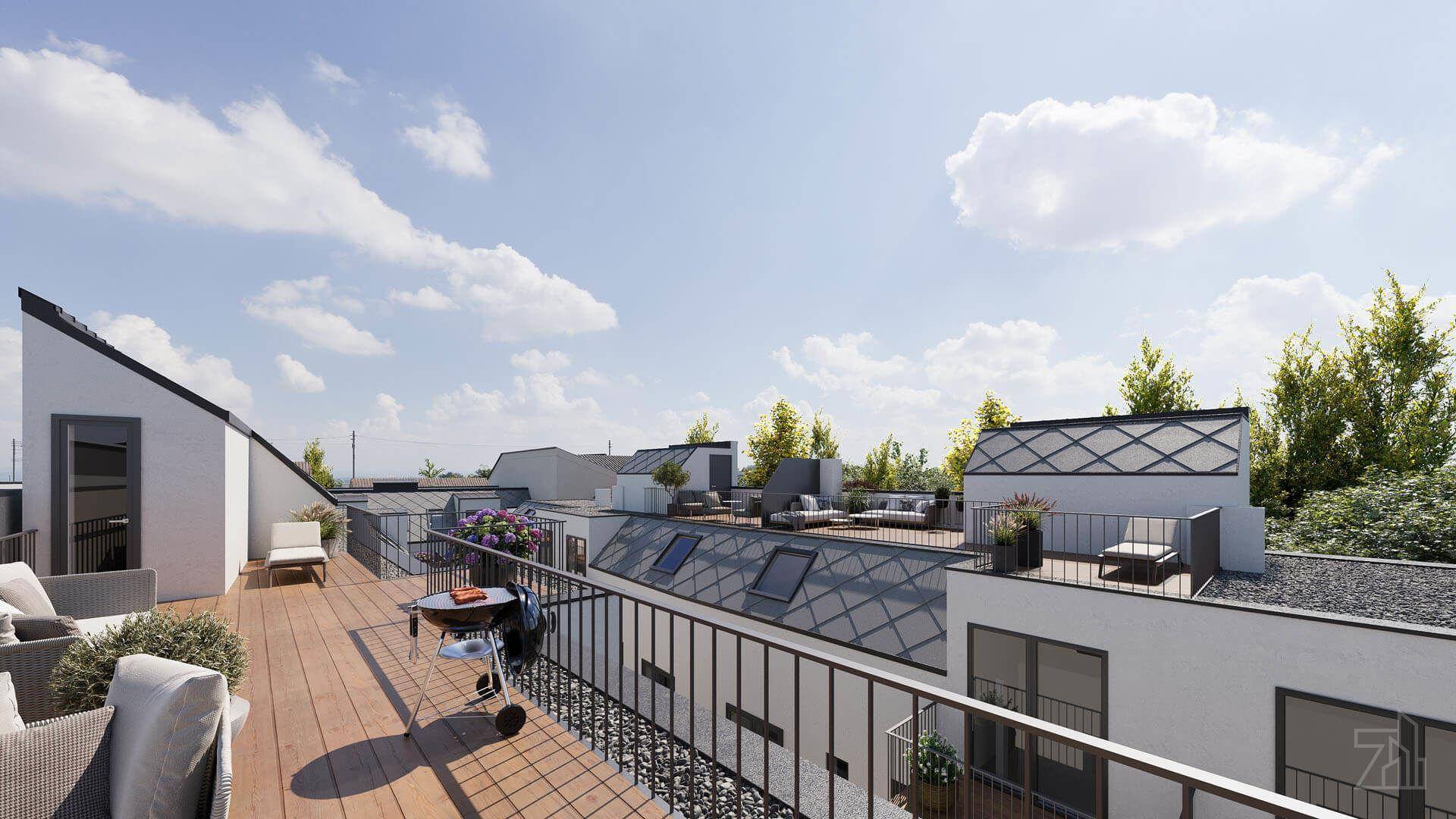 Große Dachterrasse mit Grillbereich und Sitzgelegenheiten, umgeben von weiteren Dächern der Wohnanlage.