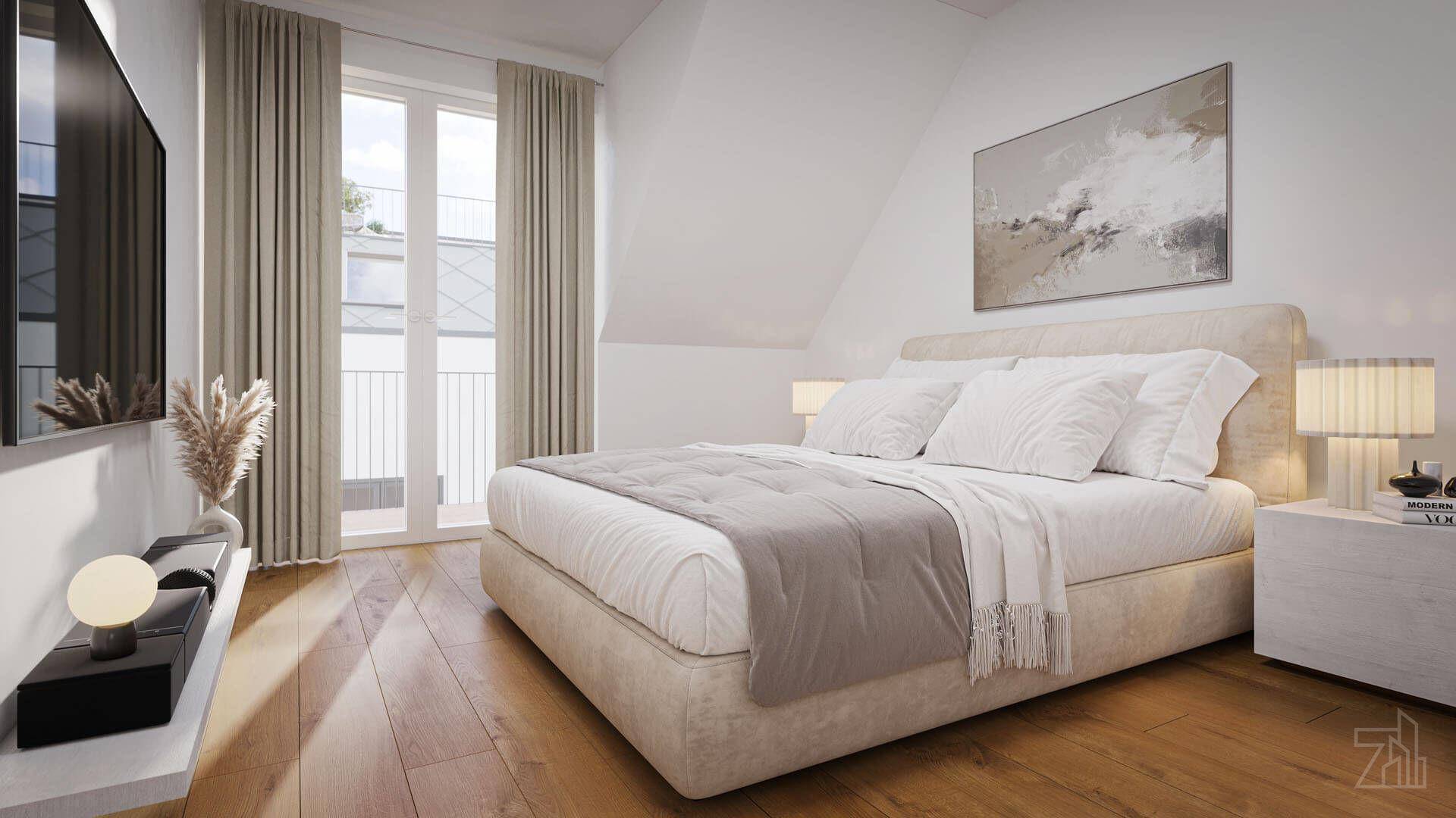 Geräumiges Schlafzimmer mit Doppelbett, Dachschräge und Zugang zu einem Balkon.