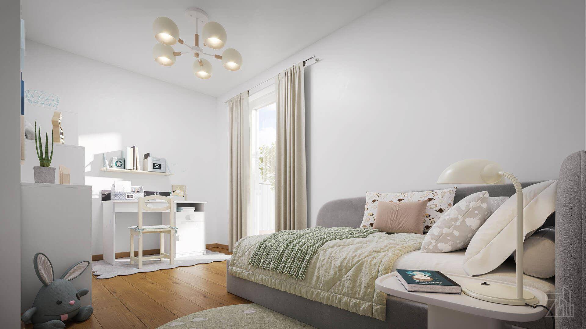 Helles Kinderzimmer mit Einzelbett, Schreibtisch und Holzboden, ideal für junge Bewohner.